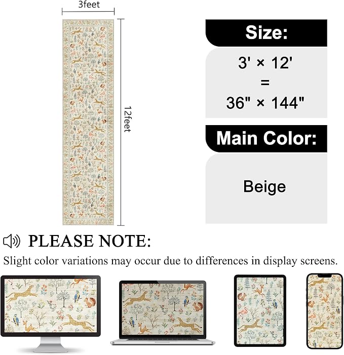 DUKINO 3x12 Runner Rug, Non Slip Animal Print Runner Rug for Hallway, Vintage Low Pile & Stain Resistant Soft Indoor Long Carpet Runner for Kitchen, Bathroom, Laundry, Bedroom, Beige