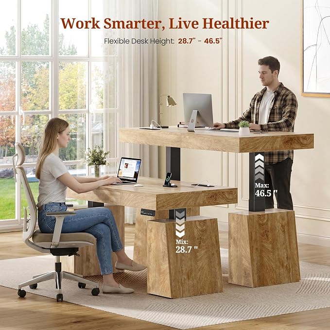UPOSOJA 55 in Executive Standing Desk, Modern Electric Height Adjustable Desk with Drawer, Storage Cabinet, Shelves, Power Outlet, Wood Sit Stand up Computer Desks for Home Office, Natural Oak