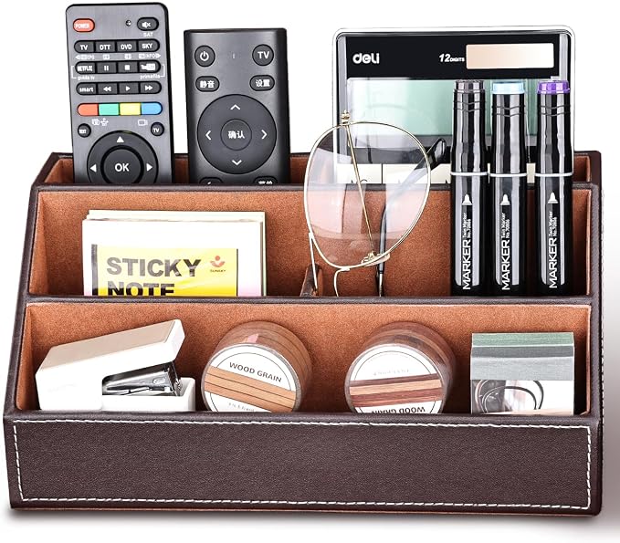 Pu Leather Desk Organizer with 5 Compartments Holder, Multi-Functional Office Supplies Storage Caddy for Pen/Pencil, Phones, Remote Controller and Desktop Accessorie Brown
