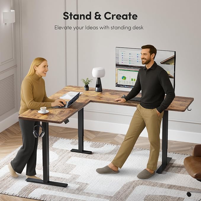 CubiCubi L Shaped Standing Desk 63 x 55 Inch Adjustable Height, Electric Corner Desk, Sit Stand Home Office Desk with Splice Board, Rustic Brown