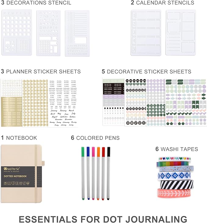 &And Per Se A5 Hardcover Dotted Notebook with 25+ Accessories - 6 Pens, Stickers, Stencils, Washi Tapes & Gift Box Included | Dotted Journal Kit for Beginners, Adults (Light Apricot)