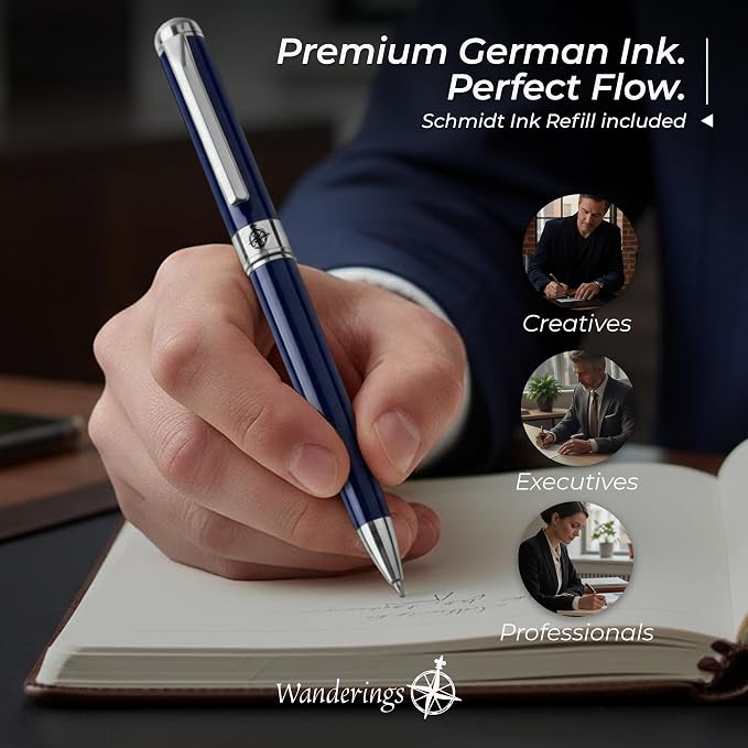 WANDERINGS Premium Ballpoint Pen with German Ink – Perfectly Balanced Executive Pen with Chrome Accents – Blue Breeze - Includes a Schmidt Refill in a Giftable Presentation Case for Men or Women