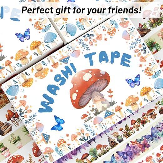 KOVANO Washi Tape Set 13 Rolls - Mushroom Butterfly Floral Decorative Tape for Scrapbooking Supplies, Junk Journal, DIY Crafts, Arts