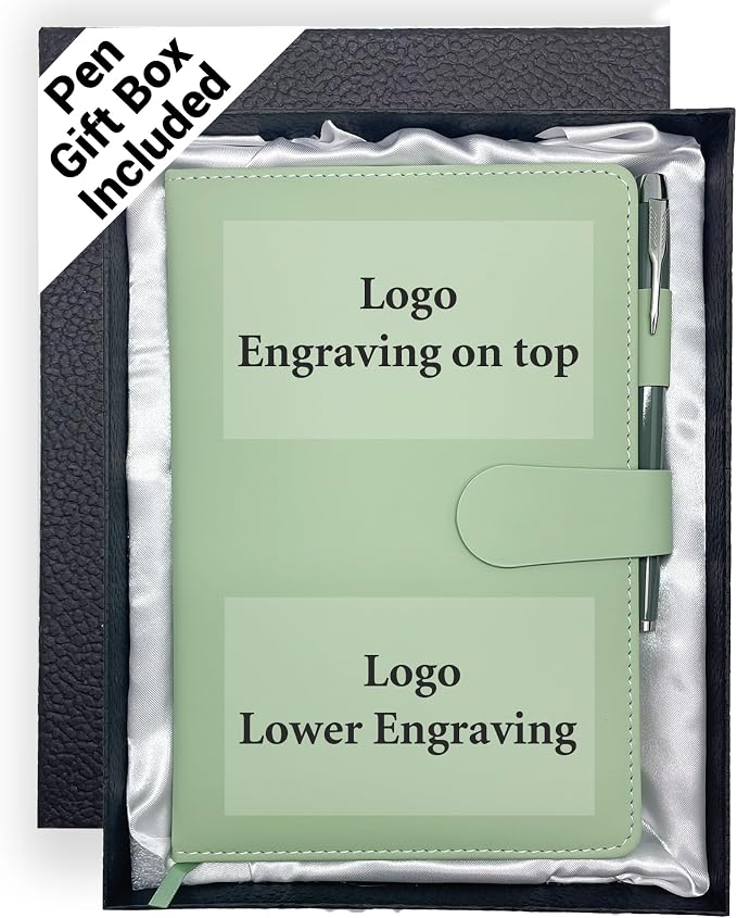 Personalized Notebook with Pen and Gift Box, Custom Logo Leather Journal, Gifts for Women Men, Engraved Journals To Write In, Birthday, Best Friend, Mom, Sister, Corporate, Business Gift (Logo-Green)