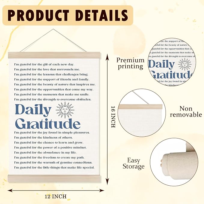 Welshower Vintage Daily Gratitude Positive Affirmations Poster Hanger Frame, Retro Motivational Wall Art Prints Decor for Home Bedroom Dorm Office Yoga Studio Framed, 12x16 Inch（blue）