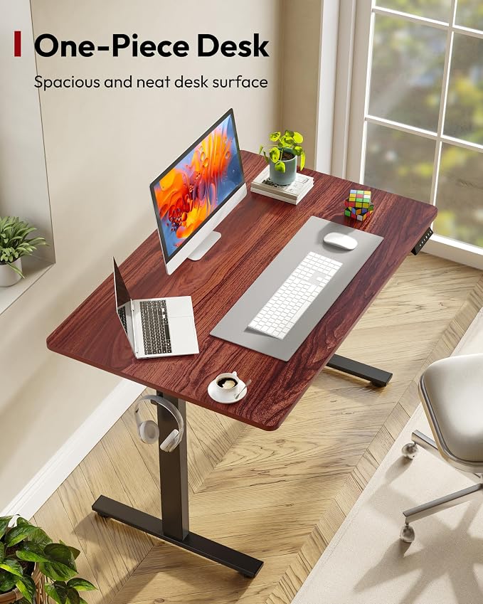 SANODESK One-Piece Electric Standing Desk, Seamless 48 x 30'' Ergonomic Height Adjustable Sit Stand Desk with Memory Presets for Home Office Computer Workstation, Black Frame/Mahogany Top