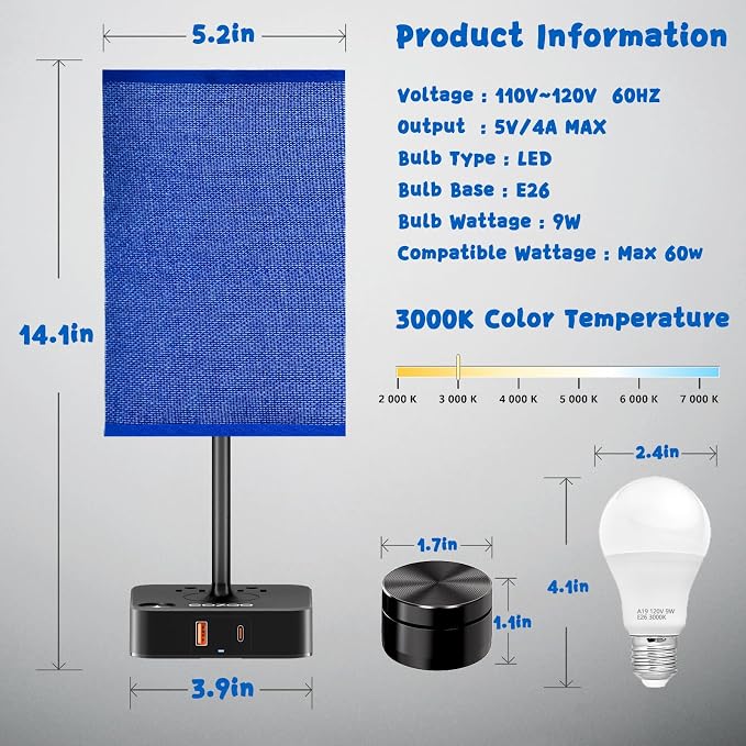 cozoo Bedside Table Lamp for Bedroom, 3 Way Dimmable & Remote Control Stepless Dimming Touch Nightstand Lamp, 2 USB Ports and 2 AC Outlets, Small Desk Light for Living Room, Bed, Study, Blue