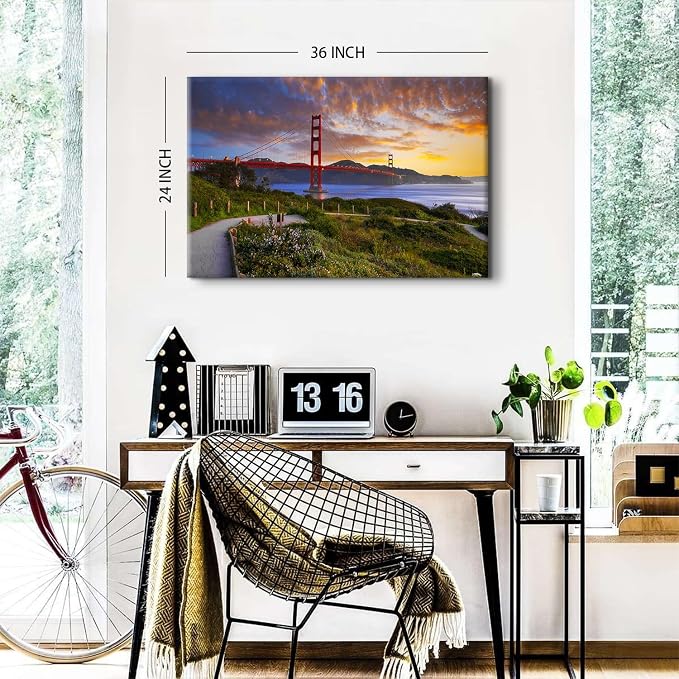 Famous Cityscape Canvas Wall Art Red Golden Gate Bridge Picture Bedroom Wall Decor Modern Urban Landmark Photography Poster Prints Painting Framed Artwork for Living Room Office Home Decoration 24x36"