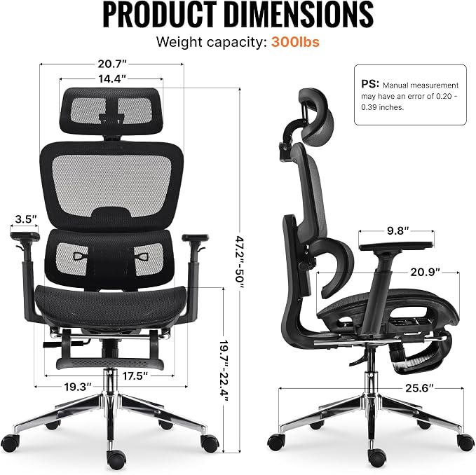 Ergonomic Office Chair, Home Mesh Desk Computer Chair, Comfortable Gaming Chair with Footrest, Wheels, Adjustable 2D Headrest, Lumbar Support, High Back and 3D Armrest, Black