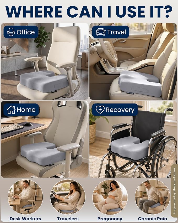 5 STARS UNITED Seat Cushion - Memory Foam Chair Cushion for Tailbone Pain Relief - Ergonomic Support for Coccyx, Sciatica & Butt - Office, Desk & Gaming Chair, Car Seat, Wheelchair, Airplane, L Gray