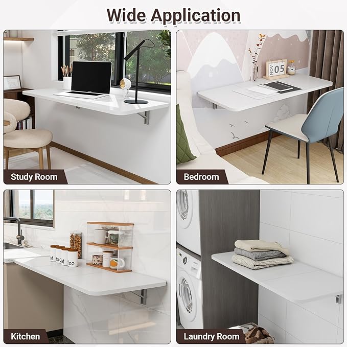 Wall Mounted Folding Desk 35.4” x 15.7”, Drop Down Table with Metal Collapsible Brackets, Folding Wall Table for Small Spaces, Home, Office, Kitchen, Laundry Room-White