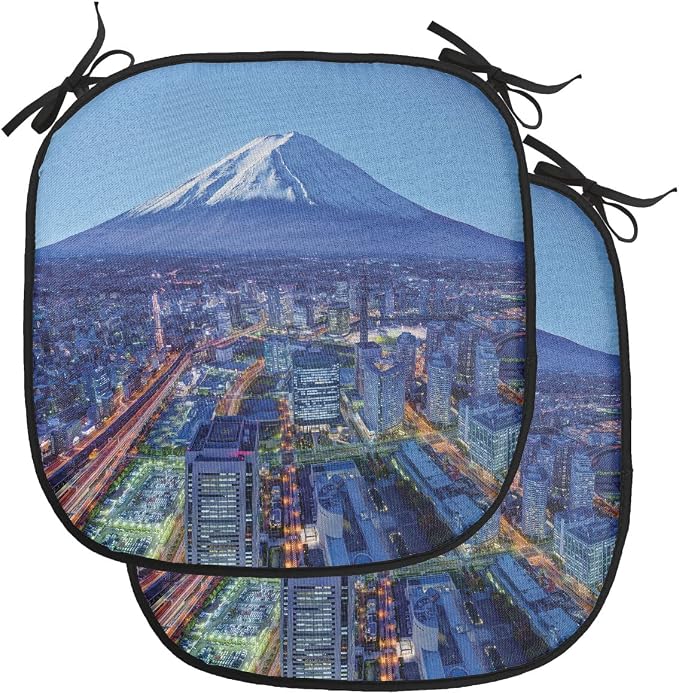 Lunarable Scenery Chair Cushion Pads Set of 2, Skyline of Mt. Hill and Yokohama Japan Financial District Mountain Volcano Landscape, Anti-Slip Seat Padding for Kitchen & Patio, 16"x16", Blue