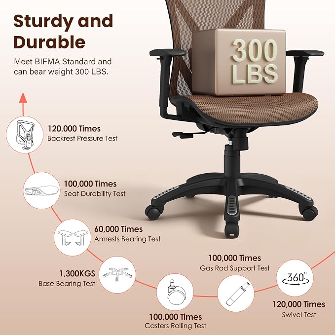 Ergonomic Office Chair, Mesh Computer Desk Chairs with Adjustable Lumbar Support, 3D Armrests, Tilt Function, Comfy Wide Seat, Swivel Executive Work Task Chair for Company and Home