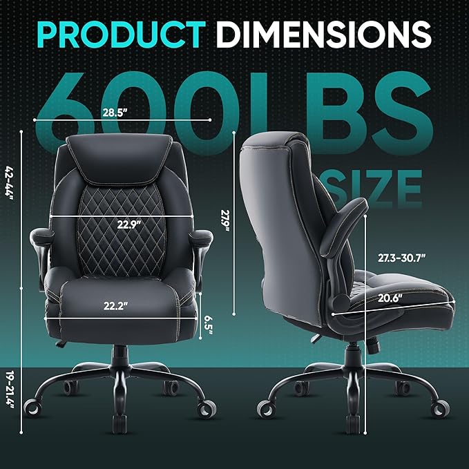 Big and Tall Office Chair 600lbs, Heavy Duty Ergonomic Executive Desk with Adjustable Armrests, Wide Seat, PU Leather Fabric, Adjustable Height, Comfortable Office Chair for Heavy People