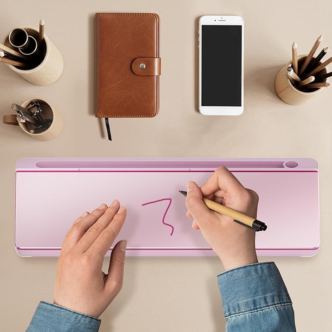 Glass Desktop Whiteboard, Dry Erase Board with Marker Holder, Computer Monitor Message Board and Desk Organizer for Home, Office and School Supplies (Pink)