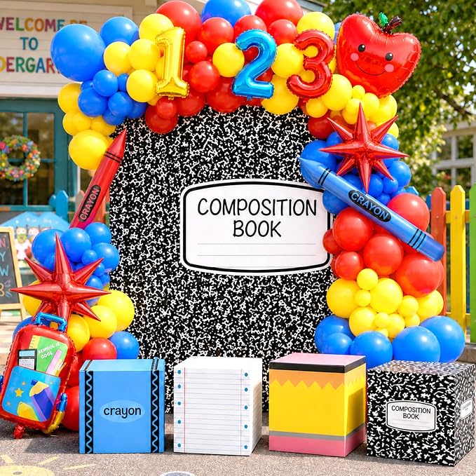 Back To School Decorations, Back to School Balloon Arch Kit with Composition Notebook Classroom Decor Backdrop Abc Boxes and Inflatable Pencils and Crayons for First Day of School Party Supplies