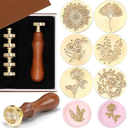 Chrisfall 6 Pcs Wflower Wax Seal Stamp Set with Removable Wooden Handle Floral Stamps Botanical Sealing Stamper Kit for Wedding Party Invitation, Gift Packaging, Envelope, Cards(Fresh Style)