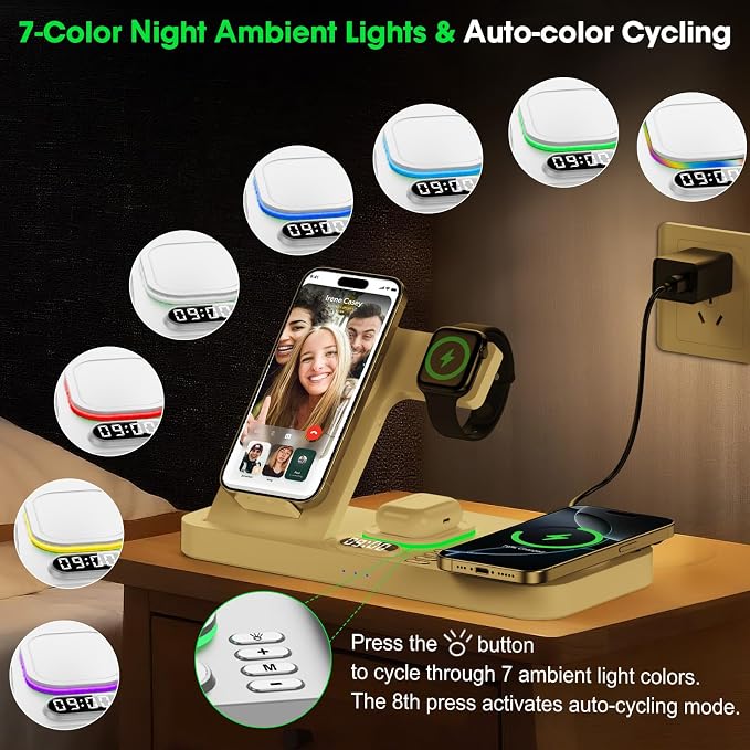 Dual Phone Wireless Charging Station for Apple Devices, Magnetic Charging Station for iPhone with Auto Switch 7-Color Light&Clock, Family Watch Charger for iPhone17 for iWatch11 for AirPods Pro3(White