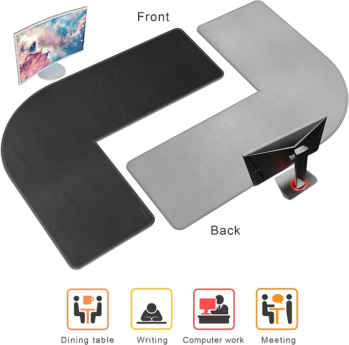Chihein L-Shaped Desk Pad (49.2”+ 49.2”) x 15.7”, PU Leather Corner Desk Mat, Computer Office Mouse Pad Writing Table Pad for Home Office - Black/Gray