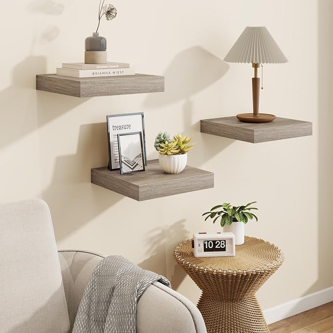 Marsmiles Square Floating Shelves for Wall, 10" W x 10" D x 1.25" H, 3 Packs Small Wall Mounted Engineered Wood Shelves with Invisible Brackets for Living Room, Bedroom, Bathroom, Kitchen Decor, Grey