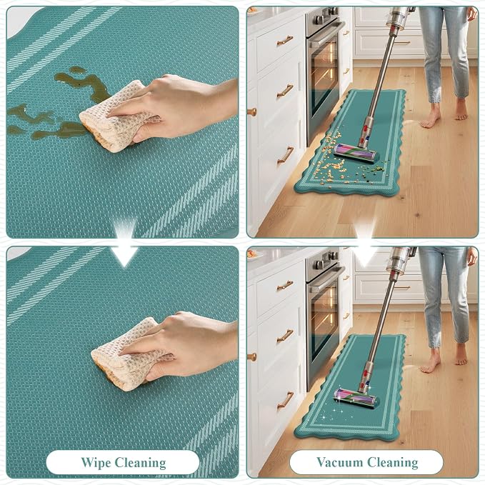 KIMODE Anti Fatigue Kitchen Mats,Turquoise Scalloped Rugs for Kitchen Floor | Padded Kitchen Floor Mats,,Boho Kitchen Rugs Sets of 2, Cushioned Standing Mat for Laundry Office Sink Desk 17"x47"+17"x29"