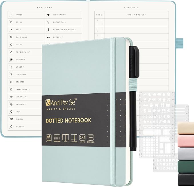 &And Per Se Dotted Notebook, A5 Hardcover with Journal Dotted Pages, Journal Stencils & Pen, 176 Numbered Pages for Beginners Women Men (Cyan)