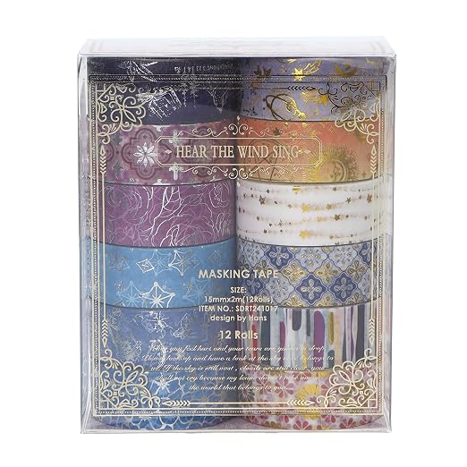 12 Rolls Charming Washi Tape Set Gold Silver Foil Detailing Arts Adhesive Tapes Basic Patterns Decorative Masking Tape Sets for Craft, Kids, Scrapbook, DIY, Gift Wrapping (Royal Splendor)