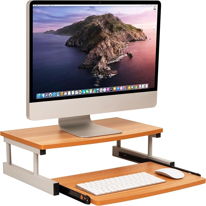 Mind Reader Monitor Stand, Sliding Keyboard Drawer, Laptop, Riser, Office, Wood/Metal, 20"L x 14.75"W x 5.9"H, Brown, Silver