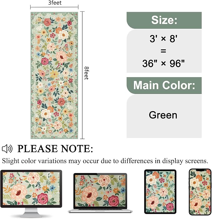 DUKINO 3x8 Runner Rug, Washable Rug for Kitchen with Non Slip Backing, Soft Non Shedding & Low Pile Design Long Floor Carpet Runner for Hallway, Bathroom, Entryway, Laundry, Green