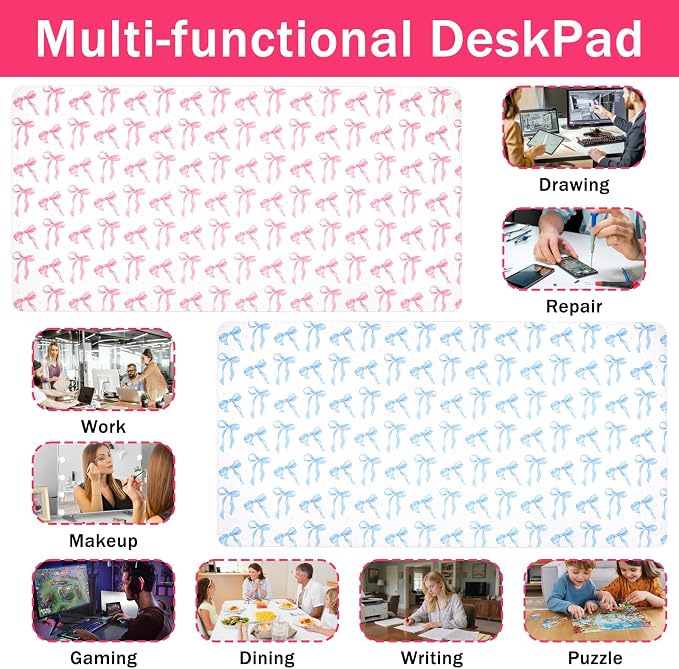 2 Pcs Bow Makeup Mat, Dual-Sided Leather Desk Pad, Waterproof Bow Makeup Table Cover for Vanity Top Protector Countertop Decor, Gifts for Women Home