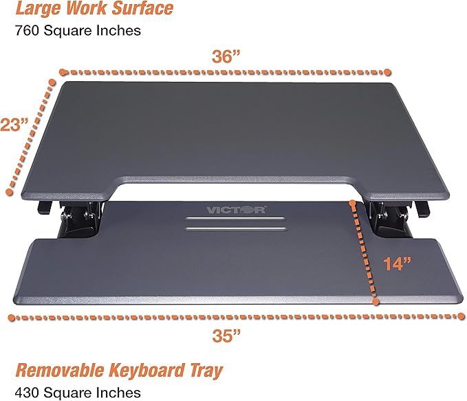 Victor DCX760G High Rise Collection Height Adjustable Standing Desk with Removable Keyboard Tray | Gray | 36” Wide Standing Desk | Professional or Home Use | Compatible with Most Monitor Arms