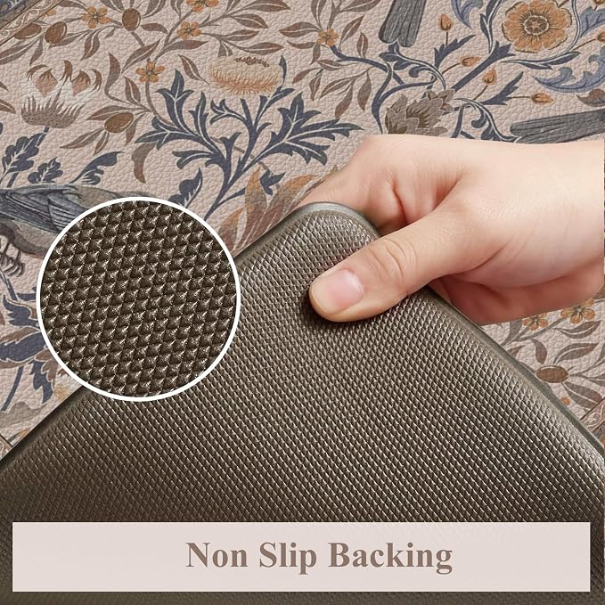 KIMODE Kitchen Mats for Floor Anti Fatigue,Cushioned Runner Rug | 23.6"x71",Khaki Beige,Floral Bird Boho Runner Rug Non Slip ,Wide Long Padded Kitchen Floor Mat for Laundry Sink Office Home