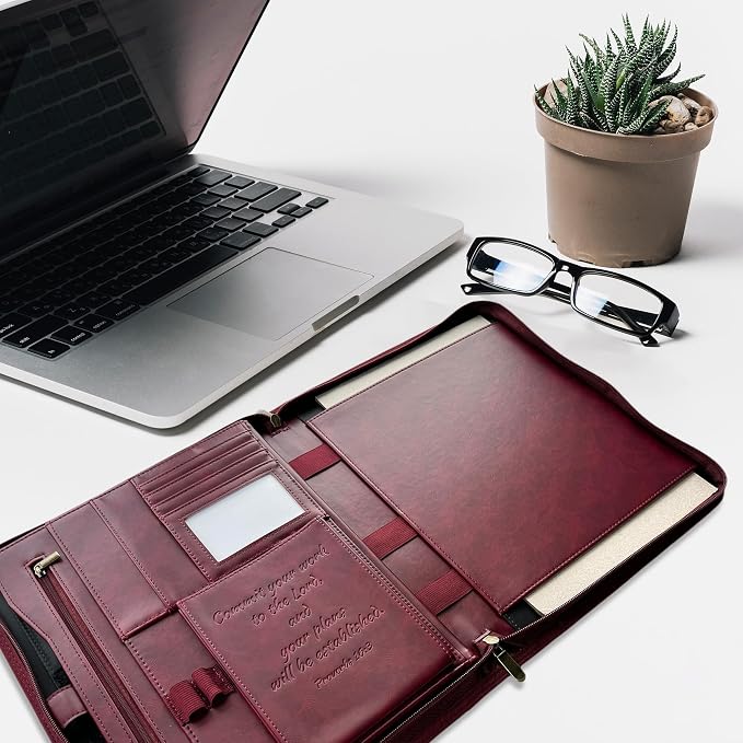 DEHITE Leather Portfolio for Men – Padfolio Case for Men and Women – Cherry Bible Notebook Organizer – Pen Slots – Zipper Binder – Premium PU Leather – Feels Like Full-Grain – Office Gift Accessories