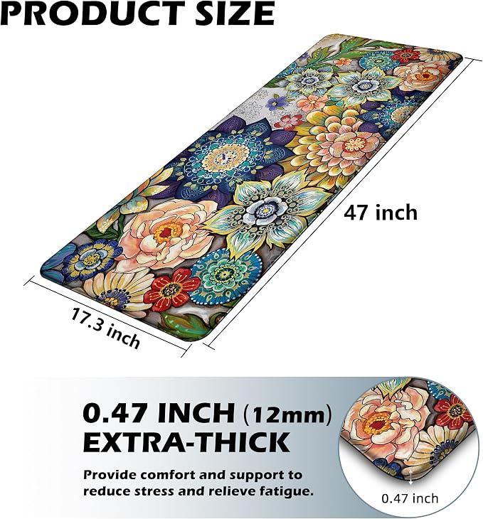 Floral Kitchen Runner Rug Mat for Floor Boho Cushioned Anti-Fatigue Mat Memory Foam Standing Desk Padded Comfort Floor Mat for Sink, Office, Laundry, 17.3x47 Inch - 1/2 Inch Thick