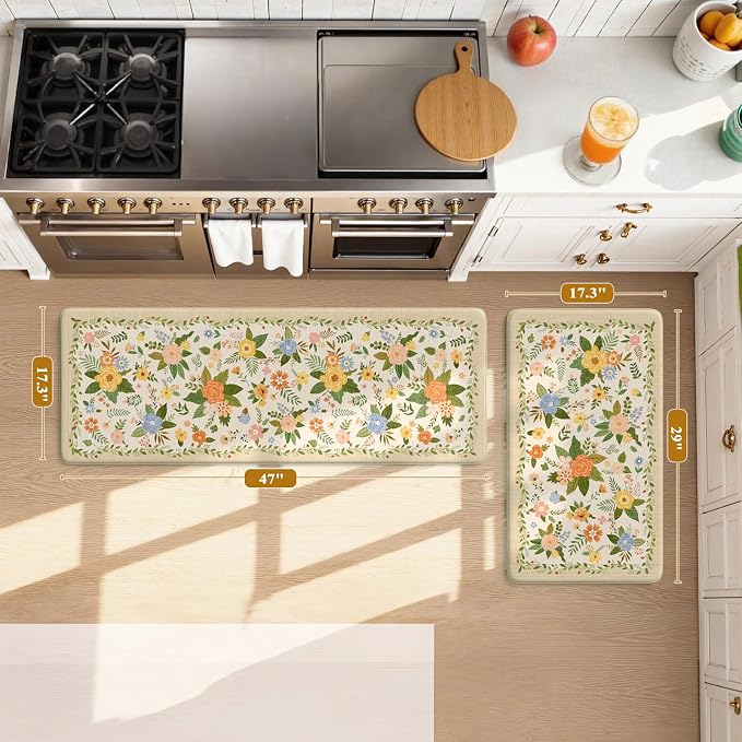 KIMODE Kitchen Mats for Floor Anti Fatigue,Beige Boho Kitchen Rugs Non Slip | Padded Kitchen Floor Mats, Memory Foam Kitchen Mats Cushioned, Standing Desk Mat for Laundry Office Bath Sink 17"x47"+17"x29"