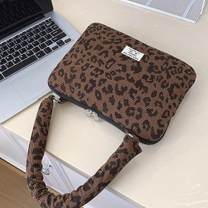 Leopard Print Laptop Case 11, 13,15 Inch Quilted Laptop Sleeve Soft Protective Cheetah Computer Sleeve for MacBook (Coffee, with Strap, 13 Inch)