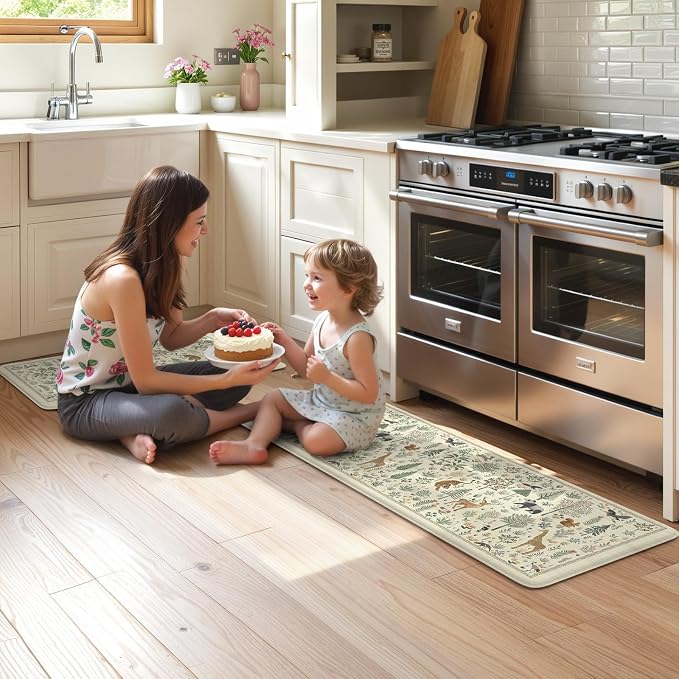 KIMODE Anti Fatigue Kitchen Mats for Floor,Cushioned Kitchen Rug Sets of 2 | Beige,Farmhouse Animal Forest Kitchen Rugs Non Slip,Memory Foam Padded Kitchen Standing Floor Mat for Laundry Sink Office