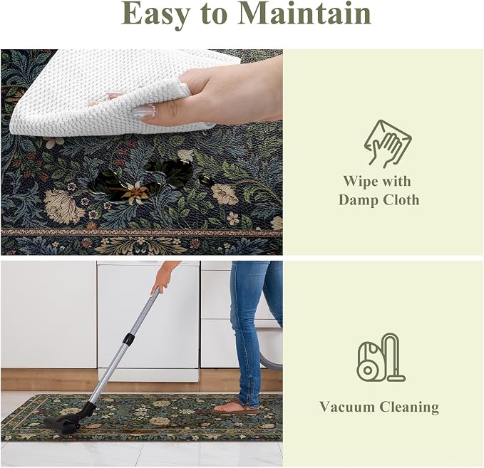 KIMODE Kitchen Mats for Floor Anti Fatigue,Cushioned Runner Rug | Black,Vintage Boho Floral Runner Rug Non Slip Waterproof, Wide Long Padded Kitchen Floor Mat for Laundry Sink Office Home