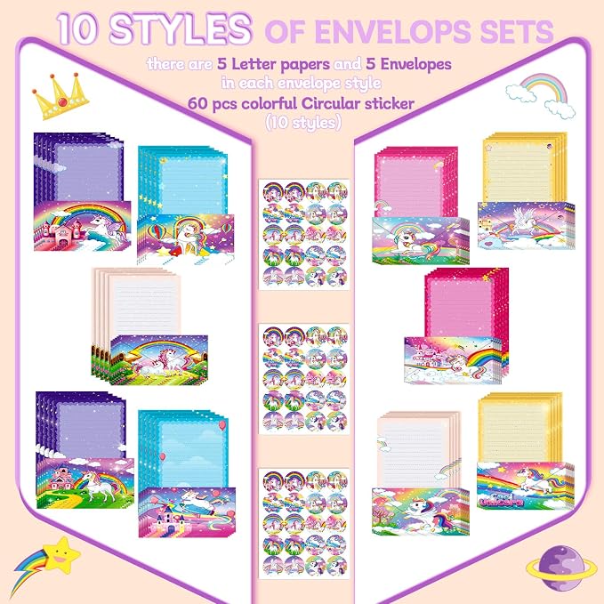 TaoBary 160 Pcs Stationery Paper Set 50 Double Sided Stationery Papers with 50 Matching Envelopes and 60 Round Dot Sticker, 10 Design(Unicorn,8.5 x 11 Inch)