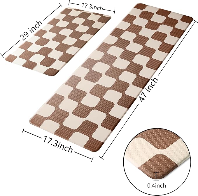 Khaki Beige Retro Curvy Checkered Grid Checkerboard Kitchen Rug Sets [2 PCs], Anti-Fatigue, Waterproof Non-Slip Kitchen Mats Heavy Duty Comfort Foam Rug for Floor, Home, Laundry,17"x29"+17"x47"