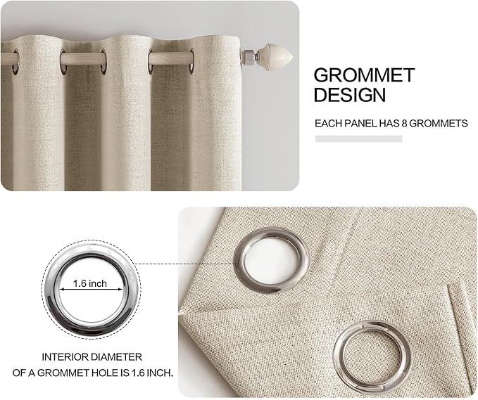 MIULEE 100% Blackout Linen Curtains for Bedroom Thermal Insulated Stone Grommet Room Darkening Curtains & Drapes Fall Decor for Living Room 52 x 96 Inch (2 Panels)