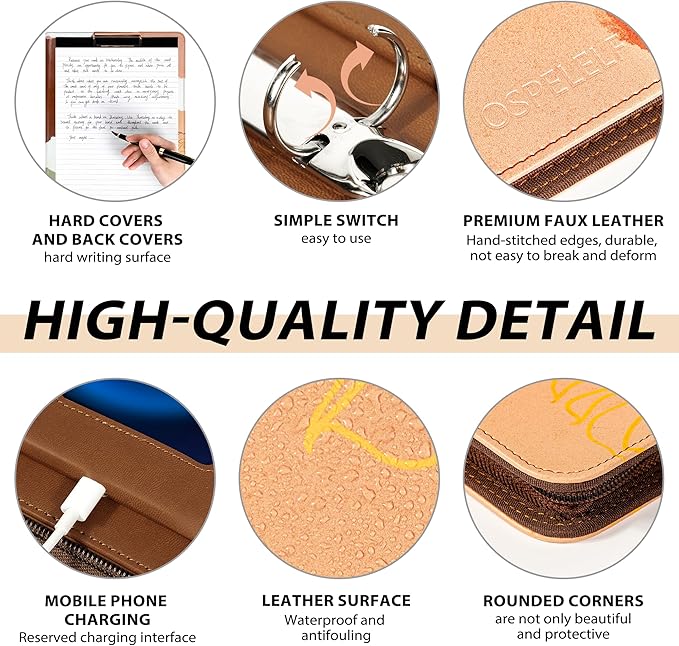 Ospelelf Leather Clipboard with Storage, Zippered Padfolio Portfolio Organizer, 3 Ring Binder 1 Inch, Notepad, Tablet Sleeve, 5 Dividers with Pocket for Office, Students, Teachers Abstract Brown