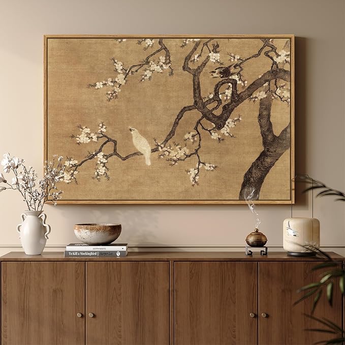 Framed Vintage Asian Wall Art, Neutral Chinoiserie Plum Blossom Branch Floral Bird Canvas Prints Painting, Zen Japandi Oriental Picture for Living Room Bedroom Kitchen Wall Decor, 24x36 Inch