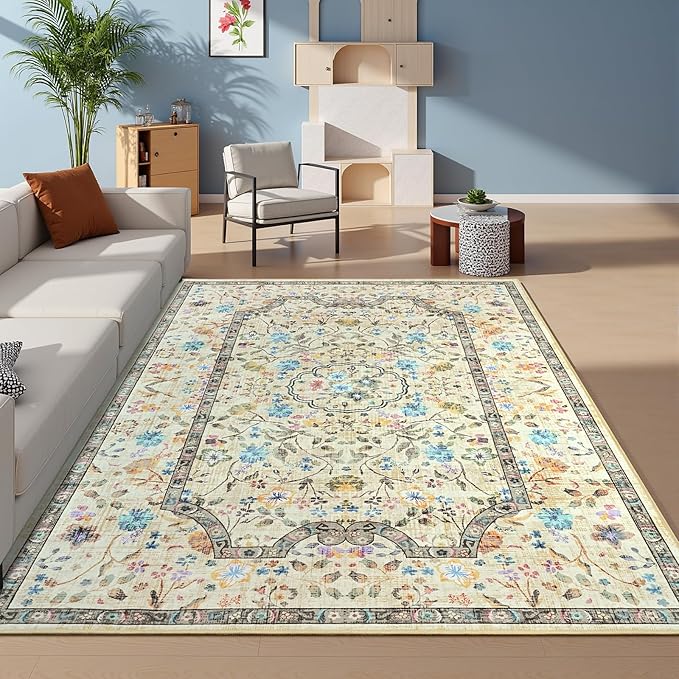 Vasofe 3x5 Area Rug for Bedroom, Washable Rugs for Living Room, Laundry, Kitchen, Vintage Floral Indoor Non Slip Carpet Farmhouse Beige Throw Carpets Soft Low Pile Mat for Dorm Bedside Entryway