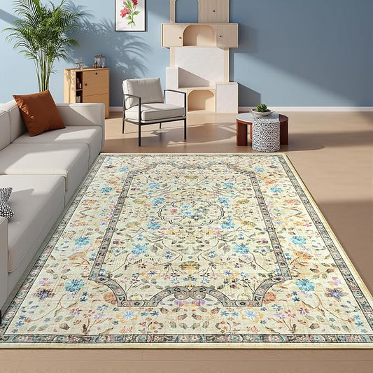 Vasofe 3x5 Area Rug for Bedroom, Washable Rugs for Living Room, Laundry, Kitchen, Vintage Floral Indoor Non Slip Carpet Farmhouse Beige Throw Carpets Soft Low Pile Mat for Dorm Bedside Entryway