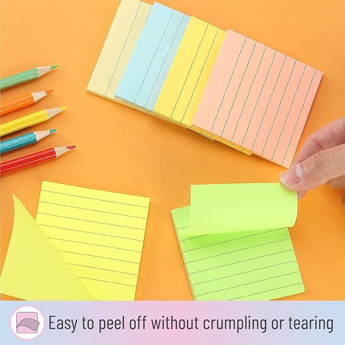 Mr. Pen- Lined Sticky Notes, 3" x 3", 6 Pads, 45 Sheets/Pad, Pastel Color | Sticky Notes with Lines, Ruled Post Stickies, Memo Pads, Self-Stick Note Pad for Office, School, Home, Study
