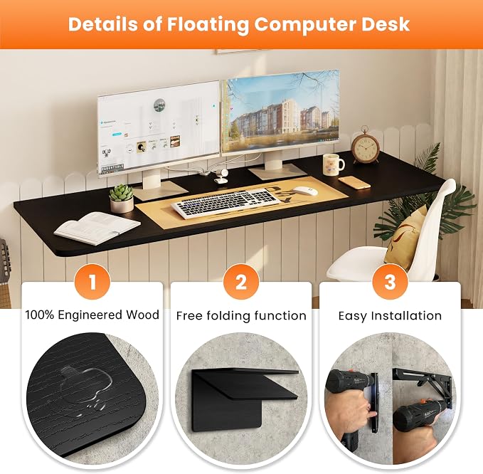 IAE Wall Mounted Floating Foldable Desk, 55" x 22" Folding Computer Workstation Table with Engineered Wood and Metal Shelf Brackets,Fold&Floating Design for Home Office, Apartment,Laundry Room,Black