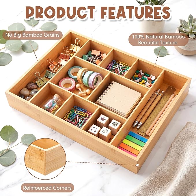 SiliFine 2 Pack Large Bamboo Desk Drawer Organizer, 10 Compartment Organization Tray Junk Drawer Storage Box Multi-use Container Bin for Kitchen, Sewing, Makeup, Office, Bathroom Vanity, 16.5"x12"