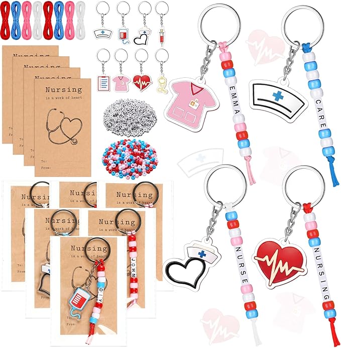 Suncalla 996 Pcs 24 Set Nurse Keychain Making Kit Medical DIY Key Chain Crafts Women Nurse Week Appreciation Gift Adjustable Letter Beads Cards String Kit Accessories Thank You Nurses Day Party Favors