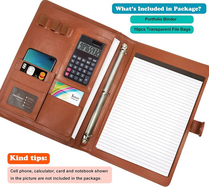Leather Portfolio Binder (3 Rings) - Brown Padfolio With Letter Size Writing Pad, 10 File Sleeves, Card and Pen Holder - A4 Notebook Organizer for Interview, Resume, Conference